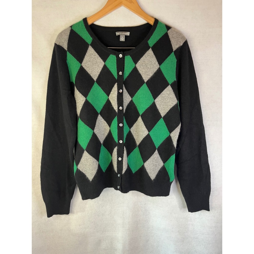 Apt 9 women's sweater 100% cashmere black green argyle button cardigan Sz XL